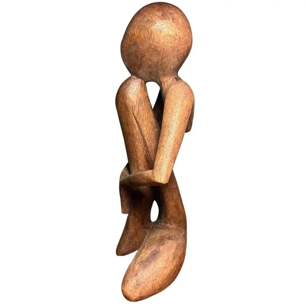 Vintage Hand Carved Wood Abstract Thinker Sculpture Modernist Seated Figurine
